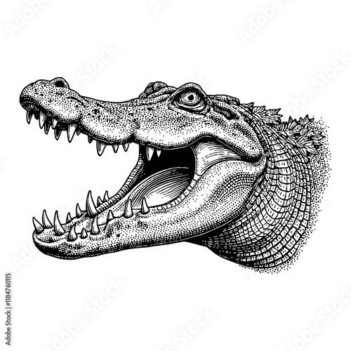 Alligator with Open Mouth Detailed Black and White Outline Line Art Drawing Isolated Portrait