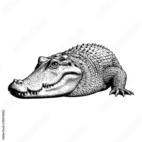 Alligator Portrait with Detailed Scales in Black and White Outline Line Art Drawing