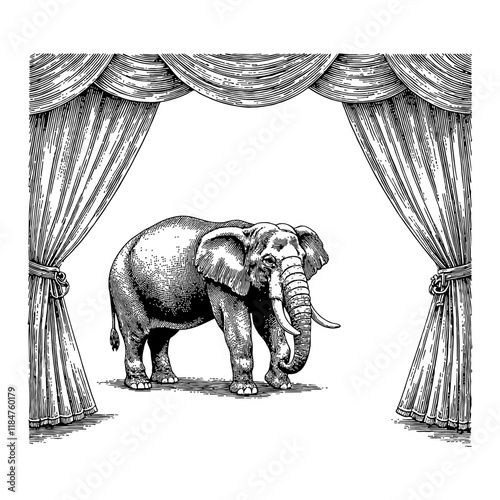 Elephant Standing on a Circus Stage with Curtains in Black and White Outline Line Art Drawing