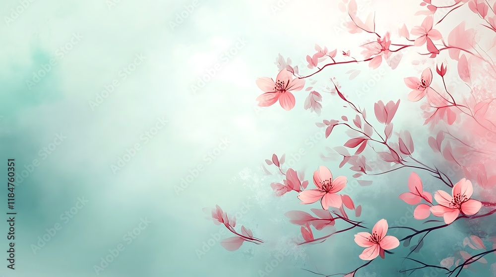 Obraz premium Delicate Pink Blossoms on a Tranquil Teal Background