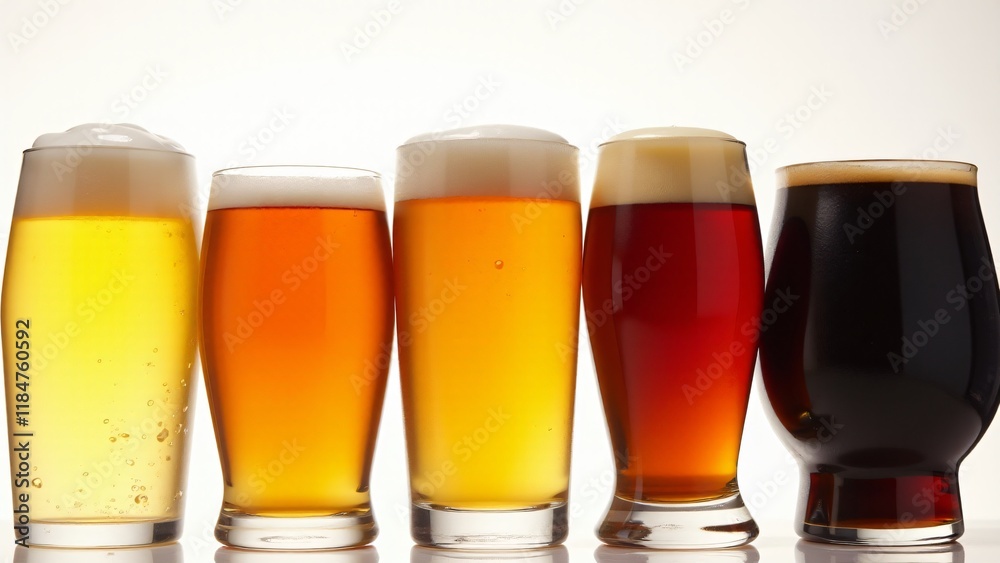 A lineup of beer glasses showcasing a spectrum of beer colors, from pale to dark, capturing the diverse range of flavors and textures for National Beer Day. A lineup of beer glasses showcasing a spectrum of beer colors, from pale to dark, capturing the diverse range of flavors and textures for National Beer Day.
