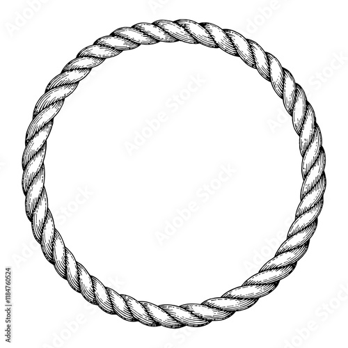 Circular Rope Frame Detailed Black and White Outline Line Art Drawing of Woven Twine Circle