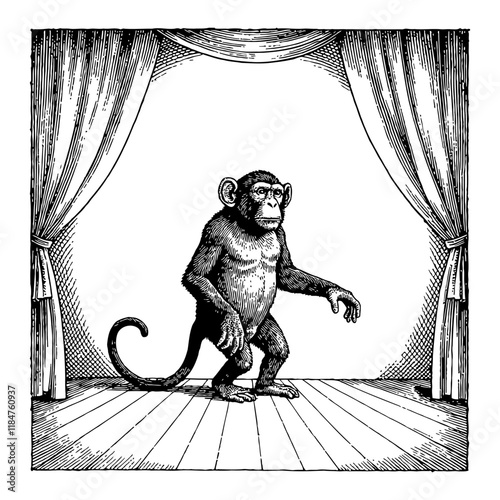 Monkey Standing on Circus Stage with Curtains Black and White Outline Line Art Drawing