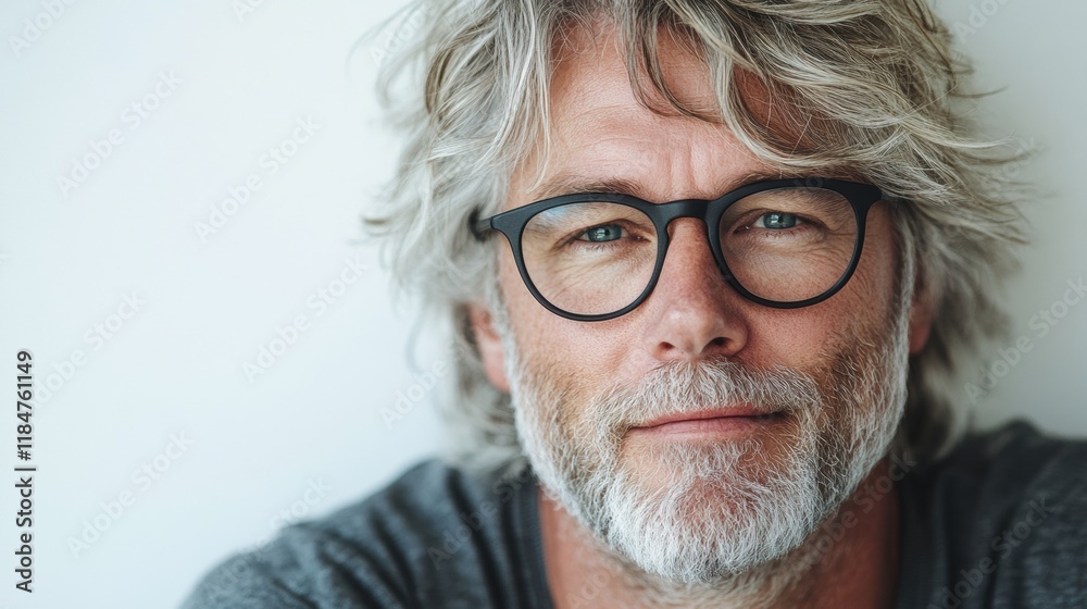 Confident Mature Man with Glasses and Stylish Hair, Close-Up Portrait Confident Mature Man with Glasses and Stylish Hair, Close-Up Portrait