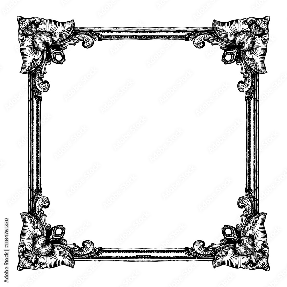 Roman Style Black Ornamental Decorative Frame Vintage Black and White Outline Line Art Drawing