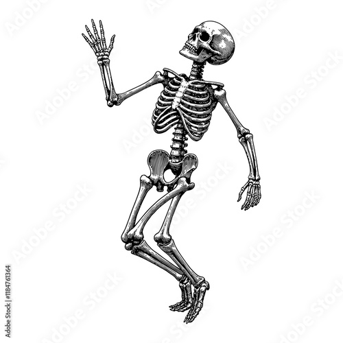 Skeleton Dancing Detailed Black and White Outline Line Art Drawing with Upraised Hand Pose