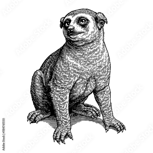 Cute Slow Loris Sitting with Detailed Fur in Black and White Outline Line Art Drawing