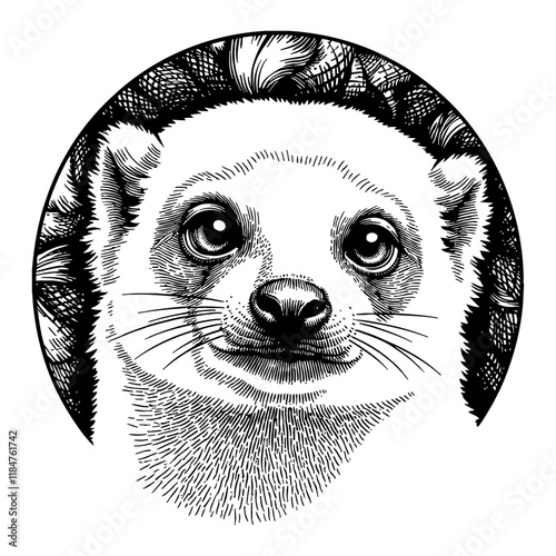 Slow Loris Head Portrait Detailed Black and White Outline Line Art Drawing Engraving Style