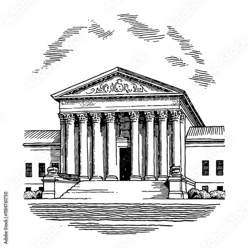 Supreme Court Building Front View with Detailed Black and White Outline Line Art Drawing