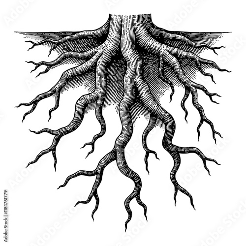 Tree Roots Detailed Black and White Outline Line Art Drawing with Engraved Texture and Root System