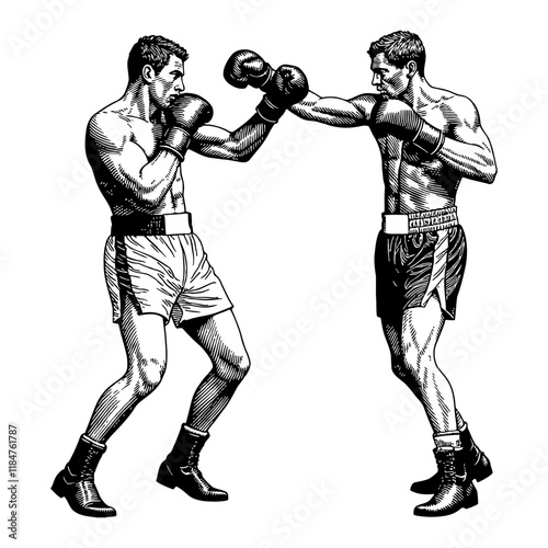 Two Boxer in Action Boxing Fight Black and White Outline Line Art Drawing with Vintage Retro Style