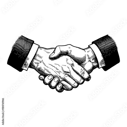 Detailed Two Hands Handshake Gesture in Black and White Outline Line Art Drawing