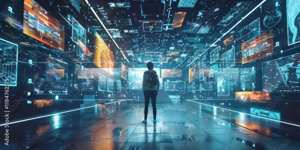 Fototapeta premium A person stands in a futuristic digital space filled with vibrant screens and holographic displays.