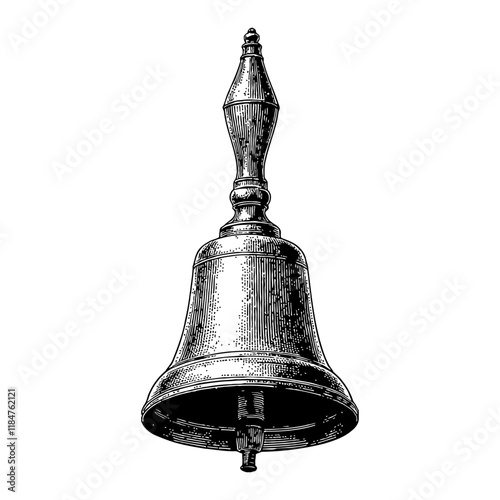 Detailed Bell with Handle Black and White Outline Line Art Drawing Detailed Hand Engraved Object