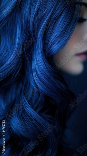 A close-up of deep blue wavy hair with rich texture and natural shine in soft lighting
