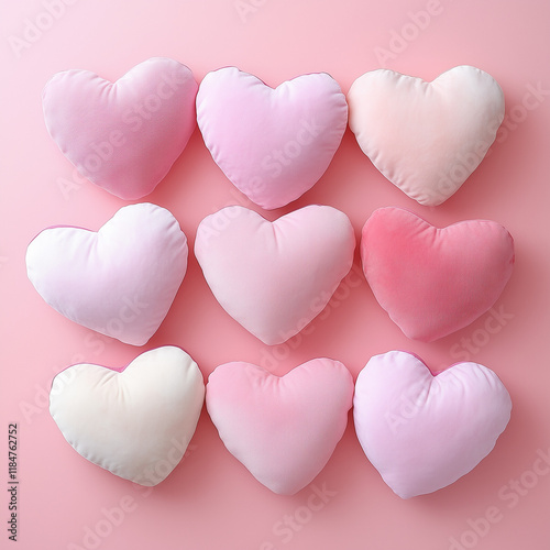 heart shaped cushion, heart background for Valentine's Day, heart shaped cushions, hand made mini cushions on the pink background
