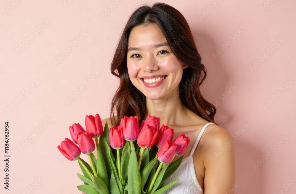 Portrait of a happy Asian woman with a bouquet of tulips on a pink background. Portrait of a happy Asian woman with a bouquet of tulips on a pink background.