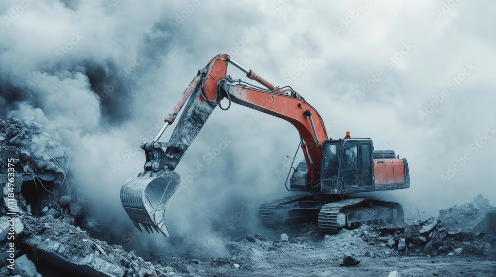 Yellow excavator demolishing a brick building in a dusty urban environment
Yellow excavator demolishing a brick building in a dusty urban environment