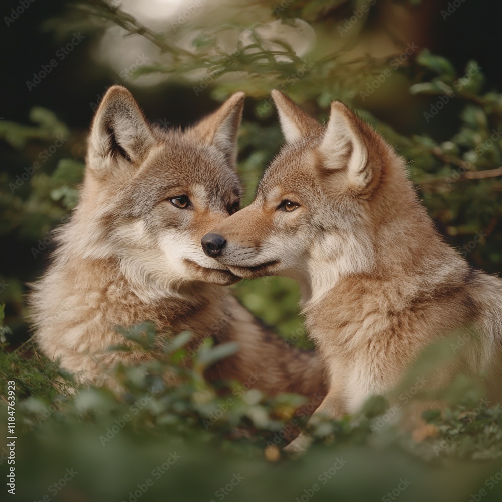 Naklejka premium Cuddling coyotes natural habitat wildlife forest environment close-up perspective loving gazes in the wild