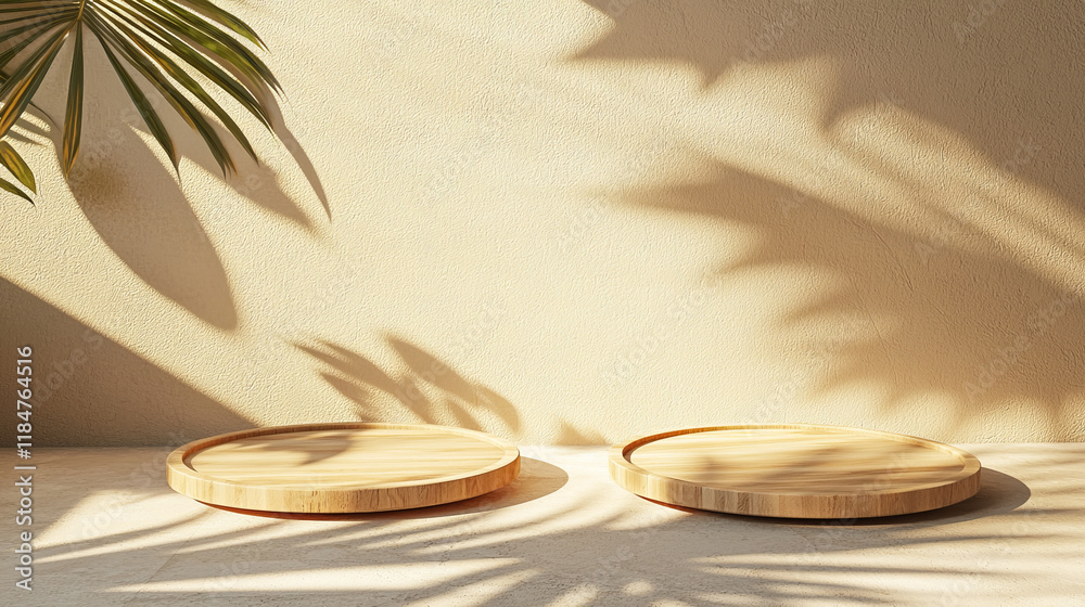 Sunlight shadows on beige wall, two round wooden display stands. Sunlight shadows on beige wall, two round wooden display stands.