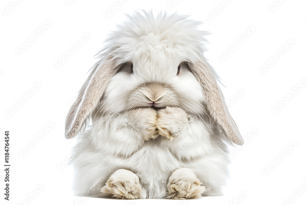 Fluffy white rabbit sitting calmly, featuring large ears and beautiful fur, displaying a cute and playful demeanor. Isolated on transparent white background, png Fluffy white rabbit sitting calmly, featuring large ears and beautiful fur, displaying a cute and playful demeanor. Isolated on transparent white background, png