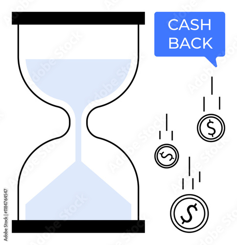 Hourglass with sand, falling coins, and CASH BACK speech bubble. Ideal for finance, time management, rewards, delayed gratification, investment growth saving strategies economic concepts. Simple