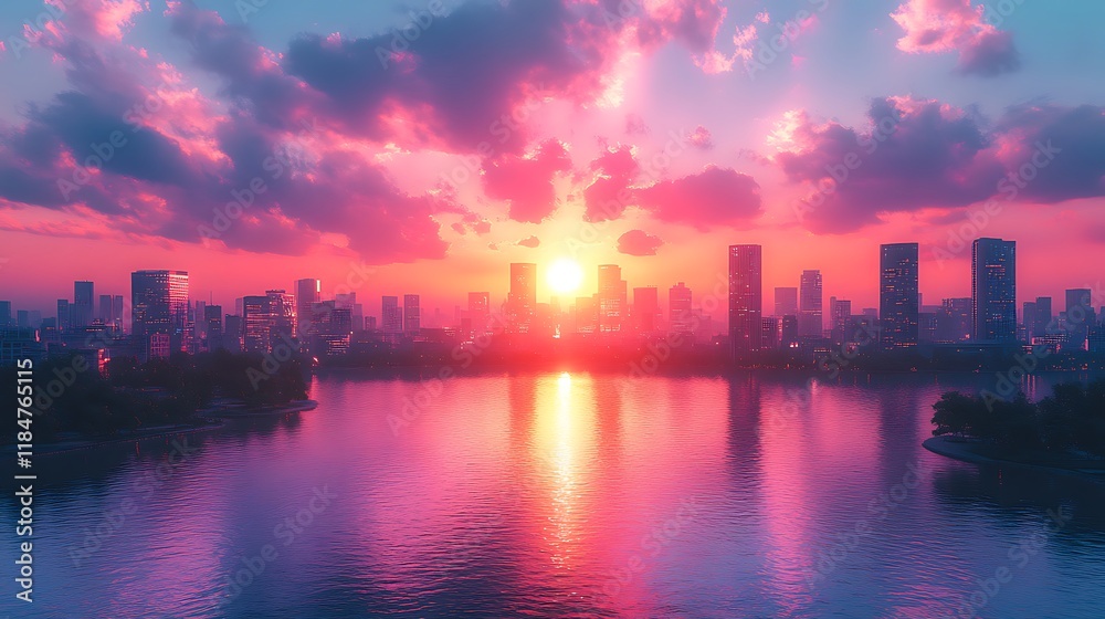 Fototapeta premium City Skyline Sunset Reflecting On Calm Water
