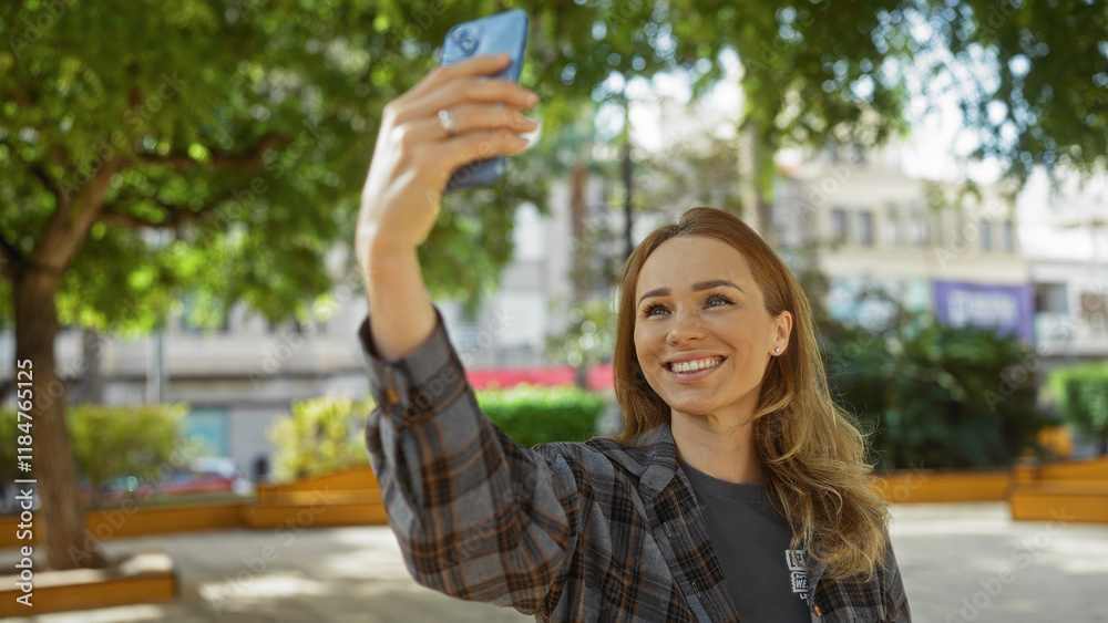 Woman smiling taking selfie in sunny urban park with trees in background showcasing cheerful outdoor city life during a bright day. Woman smiling taking selfie in sunny urban park with trees in background showcasing cheerful outdoor city life during a bright day.