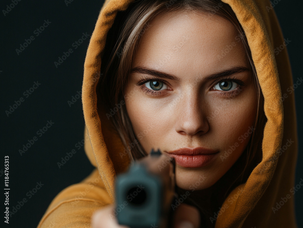 Young woman aims firearm with intense focus indoors Young woman aims firearm with intense focus indoors