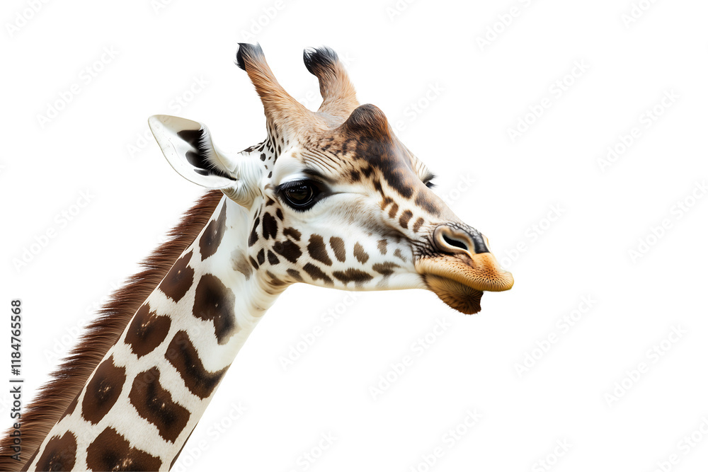 Naklejka premium Majestic male giraffe with distinctive patterns and features, showcasing its elegant neck and expressive face. Isolated on transparent white background, png