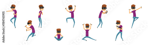 Young Man in Virtual Reality Glasses Vector Set