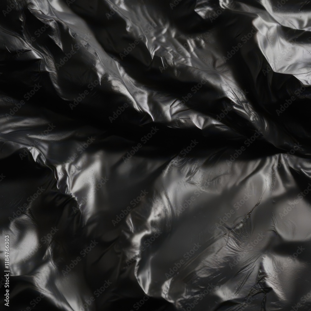 Obraz premium Wrinkled black foil, intense shine, subtle highlights, reflection, dark, metal background