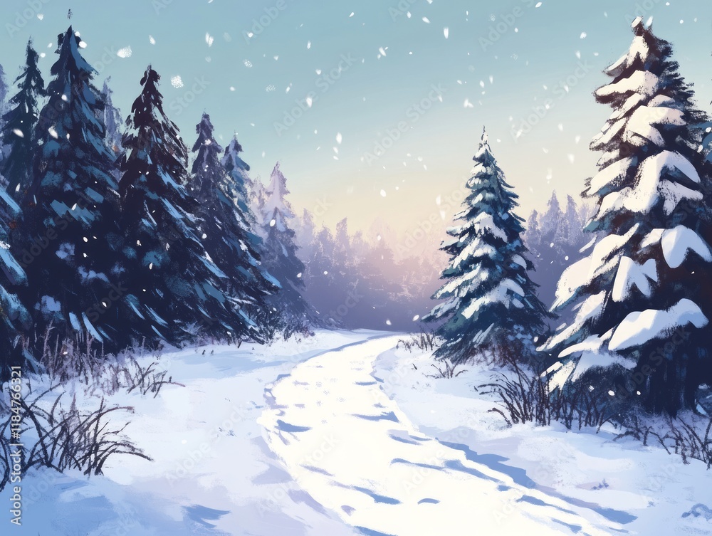 Fototapeta premium Snowy Path Through Winter Forest Scene