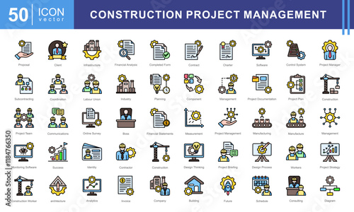 Project Construction Management icon collection set. Containing subcontractor, design, success, boss, financial analysis, image industry, architecture icon. Simple vectors illustration.