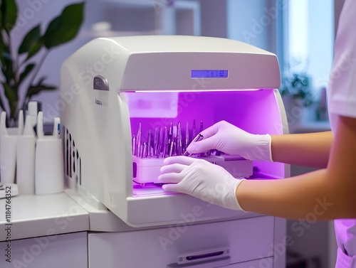 Hygienic Dental Clinic Setting with Dentist Sanitizing Tools Under UV Sterilizer