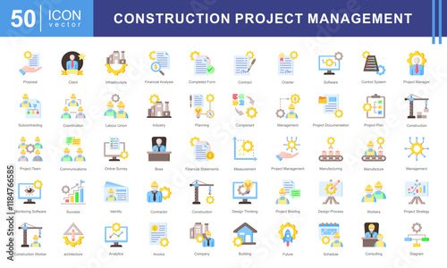 Project Construction Management icon collection set. Containing subcontractor, design, success, boss, financial analysis, image industry, architecture icon. Simple vectors illustration.