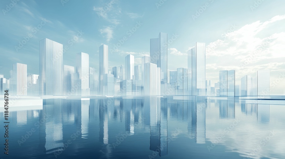 Glass skyscrapers reflect in calm water under a pale sky.