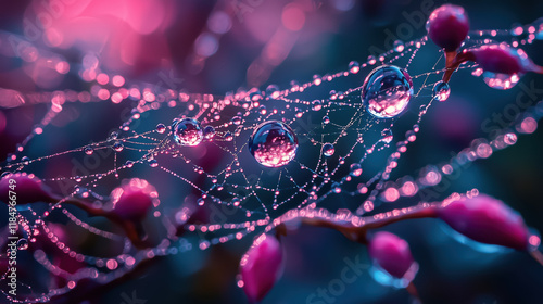 Beautiful raindrops on spider's web trapped on a branch. drops of dew on spider web and tree branches with natural sun light shining through