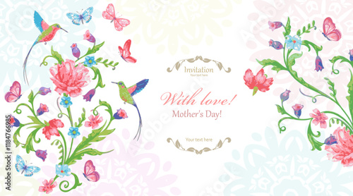 watercolor invitation card with fancy floral branches with flowers, butterflies and hummingbirds.