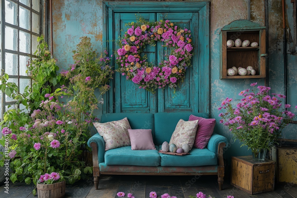 Obraz premium A cozy room adorned with vibrant Easter decorations, featuring a floral wreath and blooming plants beside a turquoise sofa, creating a cheerful ambiance.