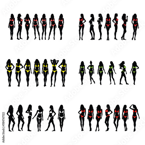 Silhouettes of women bikini models diverse poses fashion illustration black and white 
