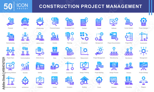 Project Construction Management icon collection set. Containing subcontractor, design, success, boss, financial analysis, image industry, architecture icon. Simple vectors illustration.