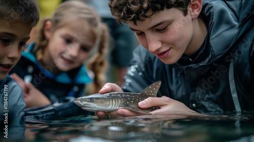 A young boy holds a fish in a shallow stream. Capturing the joy of learning about aquatic life. Nature exploration brings awareness to ecosystems. Generative AI photo