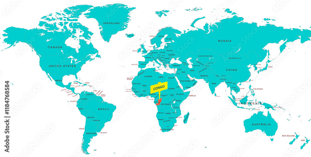 Obraz premium World Map Highlighting Country of Congo With Geographic Details