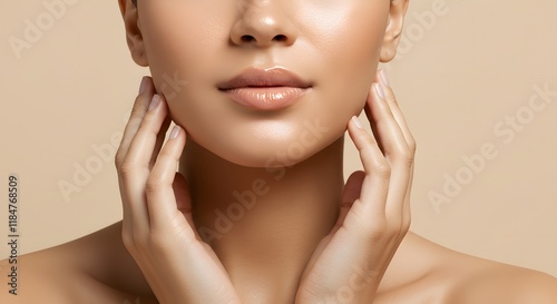 Close-Up Portrait of a Radiant Young Woman with Flawless, Smooth Skin and Soft Pink Lips on a Light Background – Perfect for Skin and Body Care Advertisements