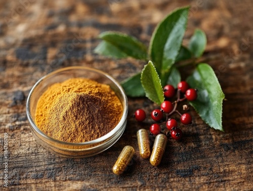 Golden turmeric powder and berberine capsules, barberry berries, herbal wellness, rustic background, organic supplements, health