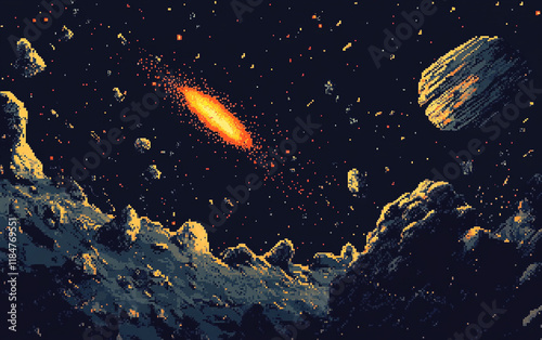 Retro-style pixel art assets for a space shooter game, including enemy ships, asteroids, and pixelated stars.