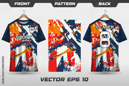 T-shirt sport jersey design template with abstract grunge halftone pattern background. Sport uniform in front view. T-shirt mock up for sport club. Vector Illustration