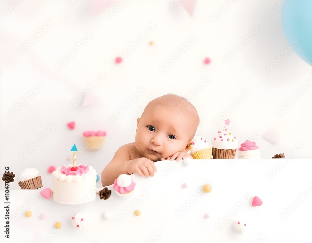 Baby with Tiny Cakes and Decorations Peeking Playfully from White Panel Baby with Tiny Cakes and Decorations Peeking Playfully from White Panel