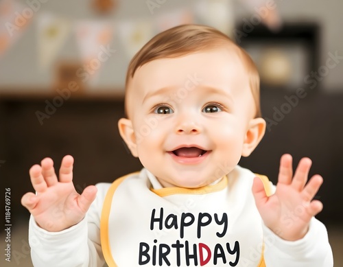 Baby with Birthday Bib Clapping Hands Joyfully